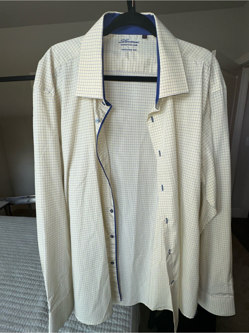 Butter Yellow Plaid Tailored Shirt with Blue Accents - Men’s 3XL